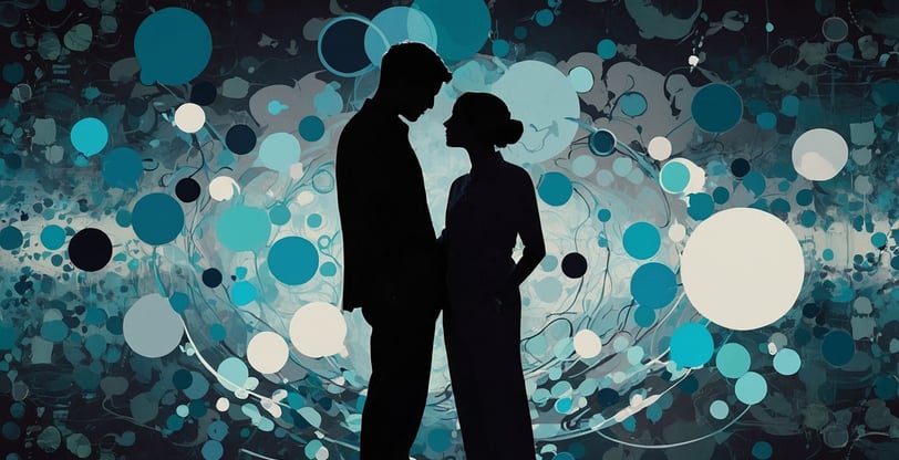 a couple standing in front of a blue and white background