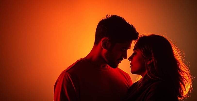 a man and woman in silhouettes in a red light