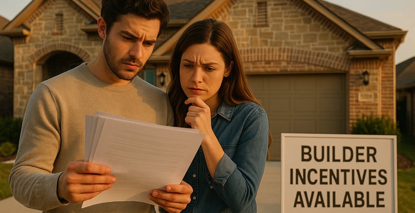 A concerned couple reviews paperwork in front of a new suburban home in Hurst-Euless-Bedford, Texas.