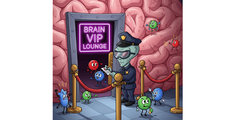 Brain security: a cartoon of a molecule VIP lounge with an alien bouncer, illustrating the brain's selective access control