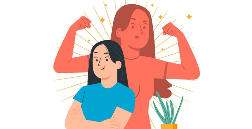 Ilustração de uma mulher feliz com sua "sombra" confiante