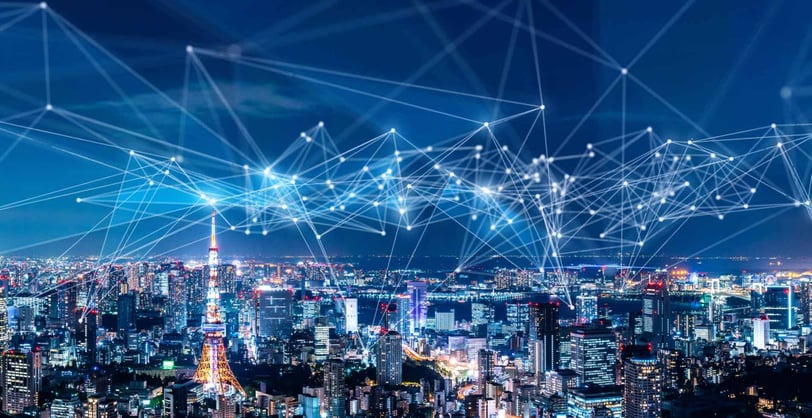 a cityscape with a network of connected - by - wire and network connections