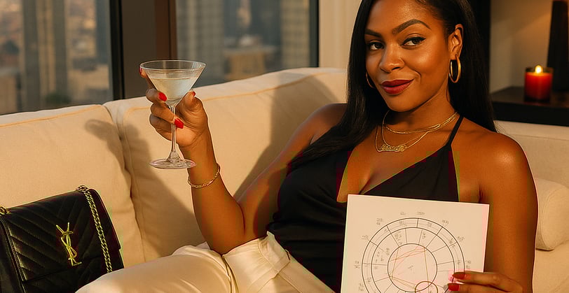 a woman sitting on a couch holding a paper with a drawing of a circle