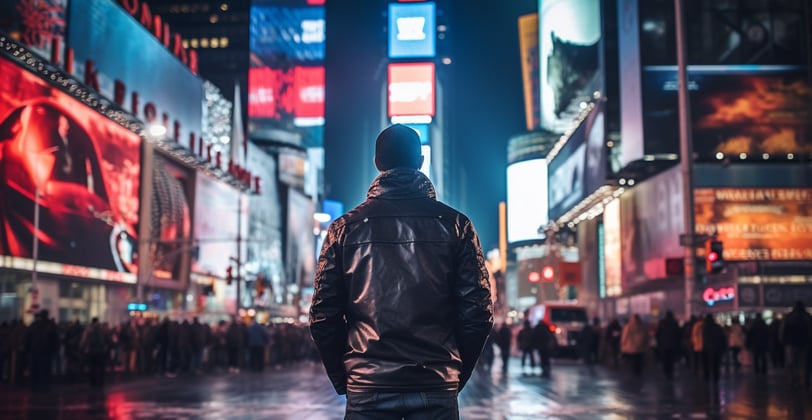 a man standing in the middle of Times Square in New York City at night