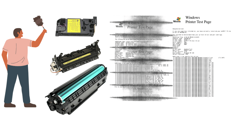 Illustration of cleaning a laser printer's internal components, including rollers and drum, to fix p
