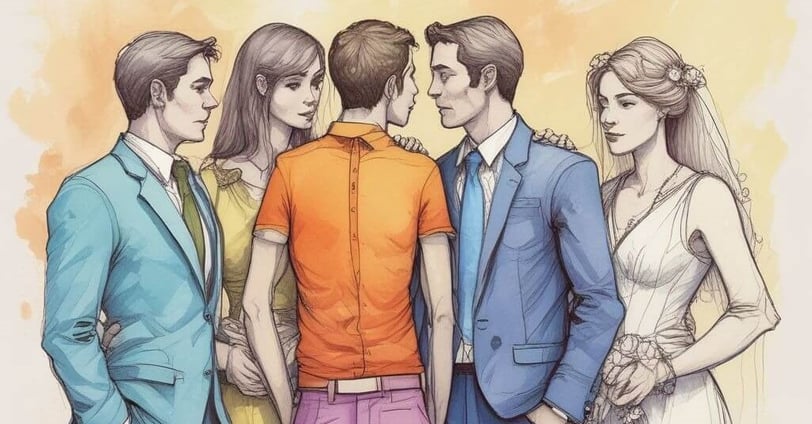 Illustration of several individuals in suits, representing the concept of open relationships and social dynamics.