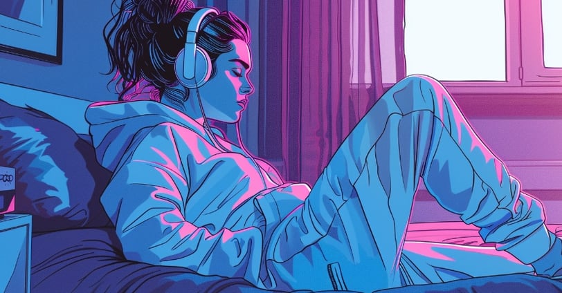 Woman sat with headphones, hair in a ponytail and a tracksuit, listening to must on a bed