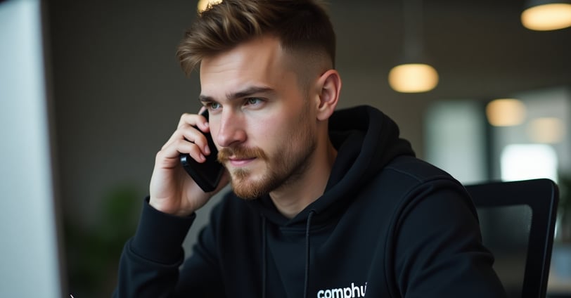 Man in CompHub hoodie providing customer support over the phone at modern desk setup