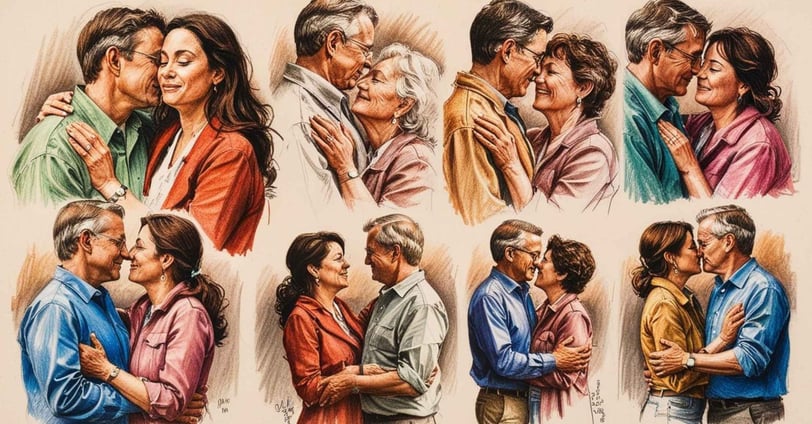 A heartfelt painting of a couple sharing a kiss and hug, illustrating the bond of love in long-term relationships.