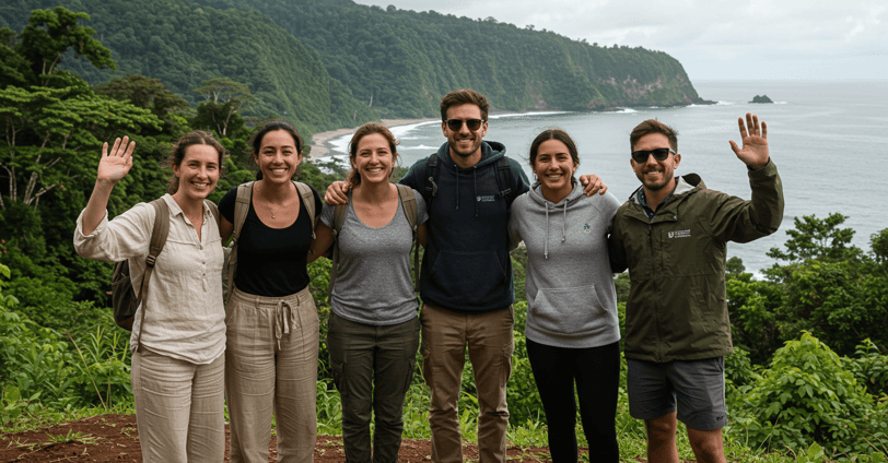 Conscious traveler in sustainable style, wearing eco-friendly travel apparel and a backpack