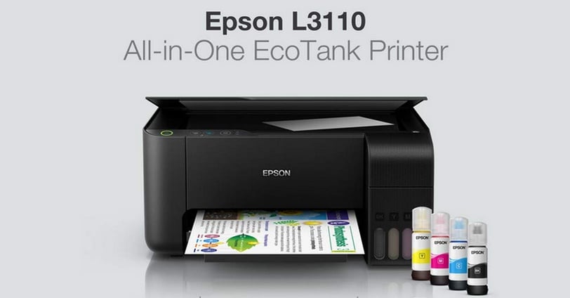 Close-up of the Epson L3110's EcoTank system with visible ink levels.