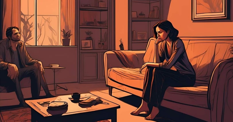 A couple sitting on a couch in a living room, the woman looking pensive and sad while her husband sits beside her.