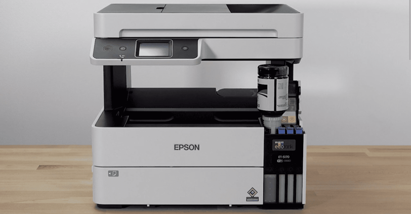 Epson EcoTank Pro ET-5170 all-in-one printer with visible refillable ink tanks, showcasing its moder
