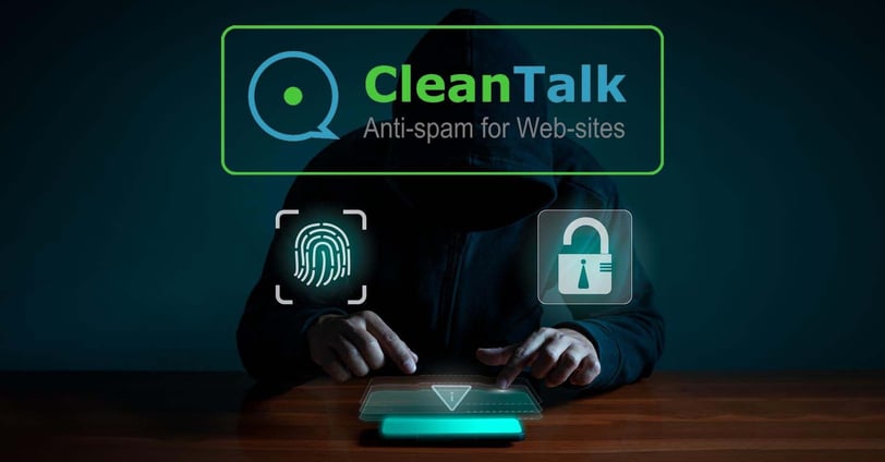 the CleanTalk logo over a person in a hoodie with a laptop and a phone