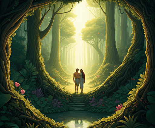 illustration of adam and eve standing in a forest with a waterfall