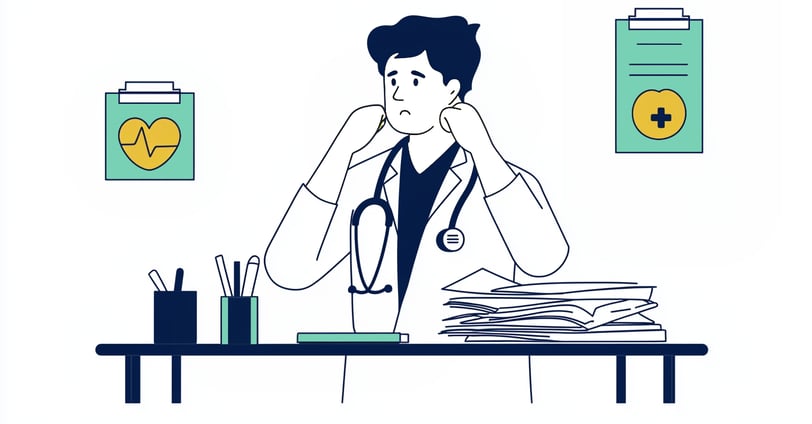 A male doctor overwhelmed by DIY bookkeeping for his medical practice