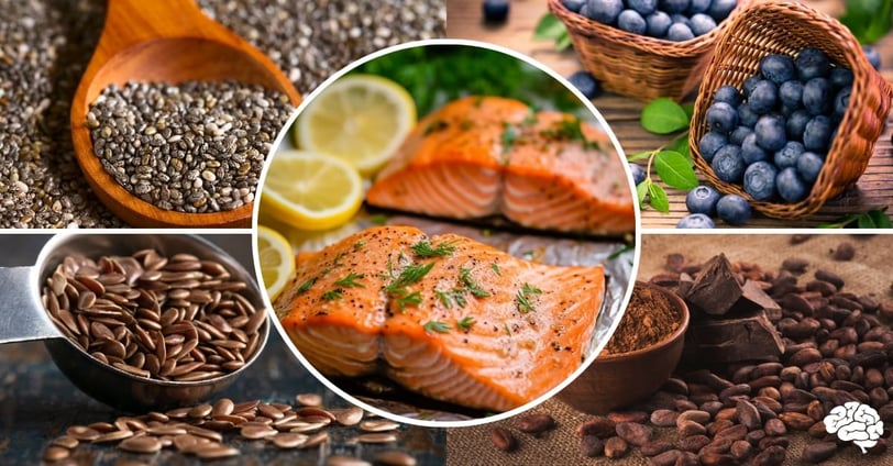 Collage de alimentos saludables para el cerebro: semillas de chía, salmón, arándanos, semillas de li