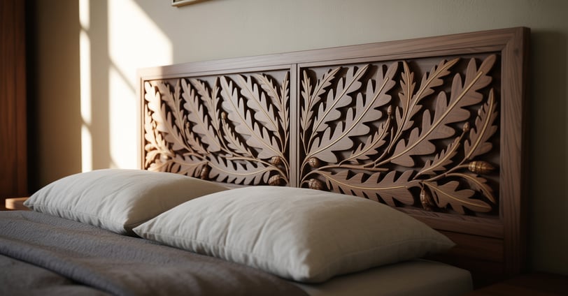a bed with a wooden headboard and pillows