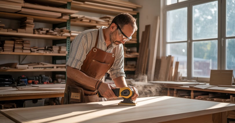 a man in a leather apron using a sander