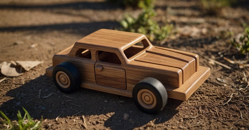 a wooden toy car in the dirt