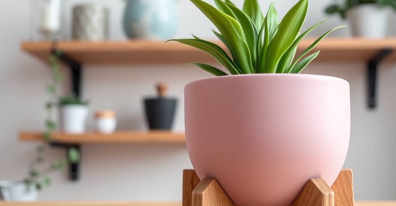 a planter with a plant in a pink potted planter