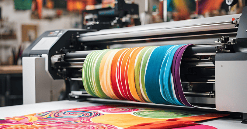 Close-up of a modern T-shirt printer printing a colorful design on a blank T-shirt.