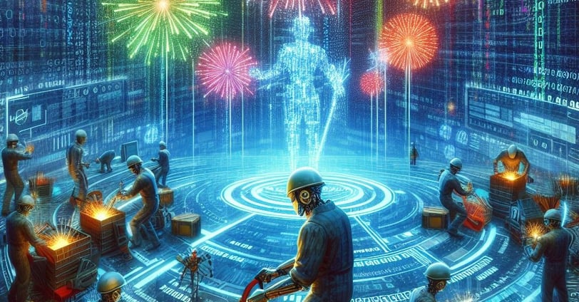 a man working on a computer screen with fireworks