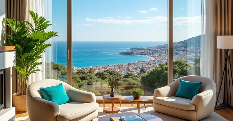 a living room with a view of the ocean