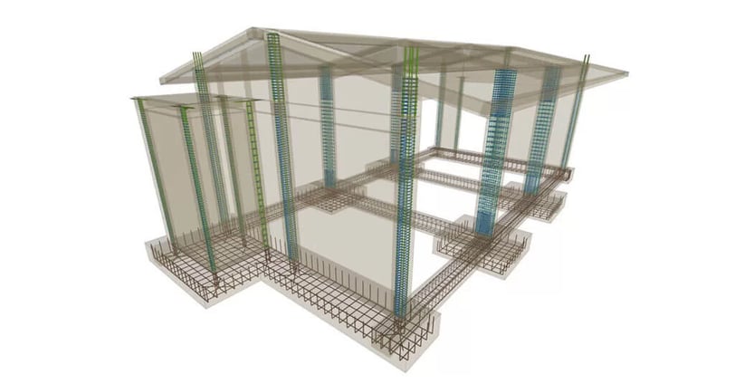 Modelo estructural BIM de cimentación y columnas para proyectos de ingeniería civil y edificaciones.