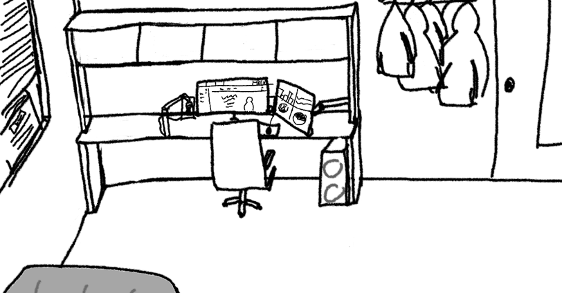 a drawing of a bedroom with a bed and a desk