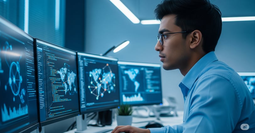 Um close-up de um profissional de tecnologia da informação, de perfil, trabalhando em um escritório
