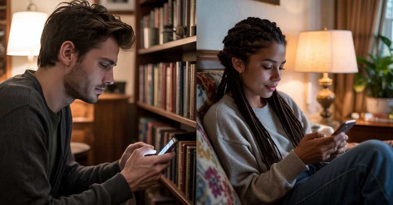a man and woman sitting on a couch in a library