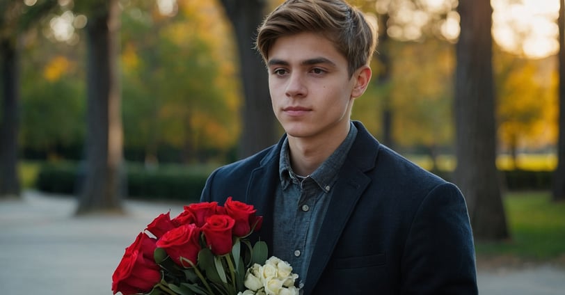 a man in a suit and tie is holding a bouquet of roses