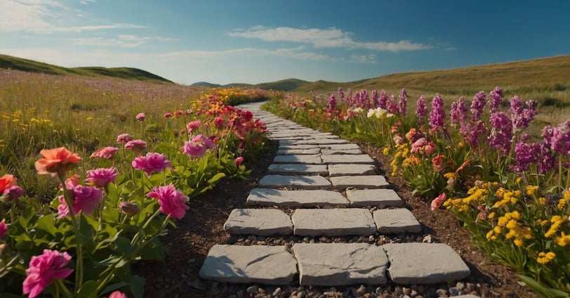 a stone path leading to a field with flowers