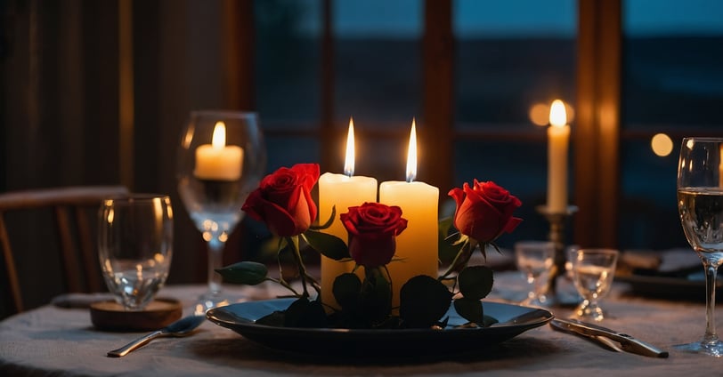 table with lit candles and roses