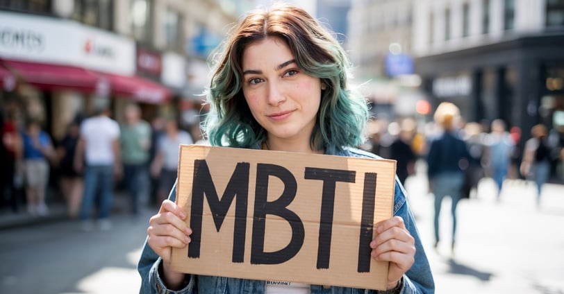 a woman with blue hair and a cardboard sign that says mbti