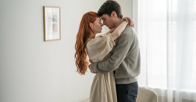 a man and woman embracing in a living room