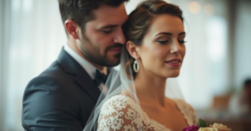 a bride and groom standing in a church