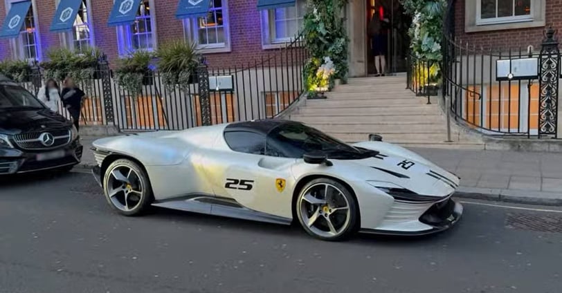 Rare Ferrari Daytona SP3 parked outside Lucky Cat Mayfair in London.