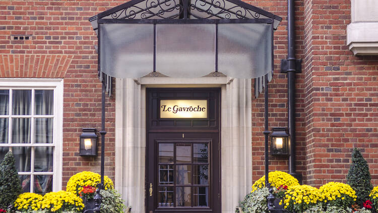 Entrance of Le Gavroche, iconic Michelin-starred French restaurant in London.