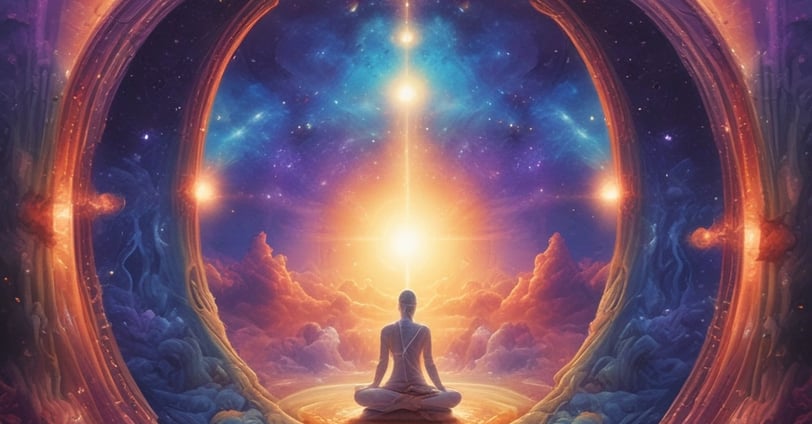 A surreal artwork featuring a figure reminiscent of an alien with large eyes and smooth skin, flanked by an androgynous human figure with curly hair. Both figures appear to be holding crosses, creating a mystical and otherworldly scene.