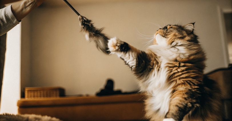 a cat is playing with a toy on a bed