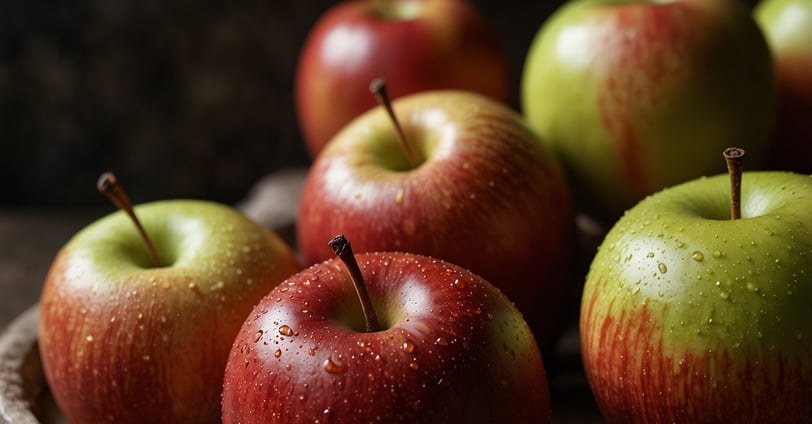 a bowl of apples with water droplets on the surface