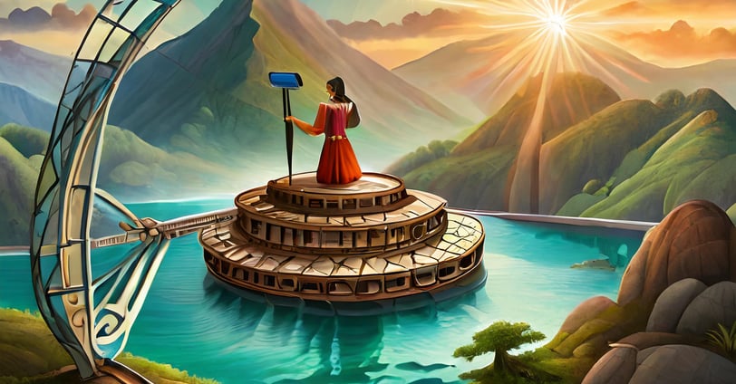 a woman in a red dress standing on a bridge over a river