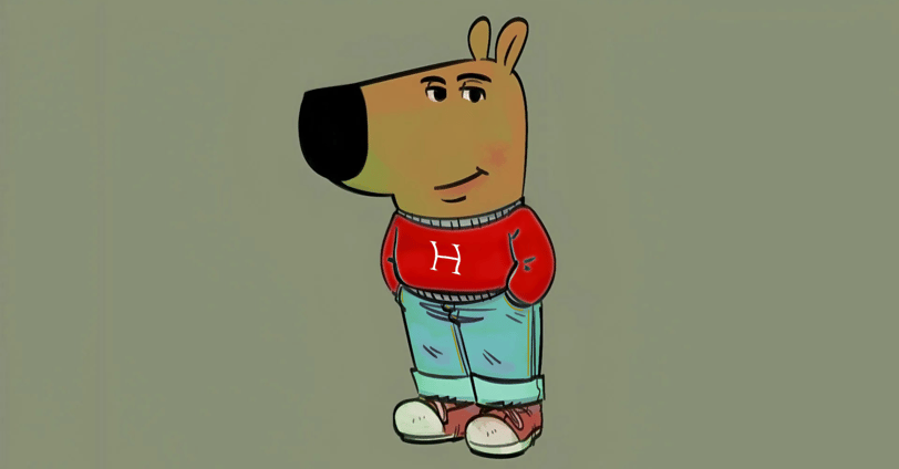 a cartoon dog with a red shirt and jeans chill guy