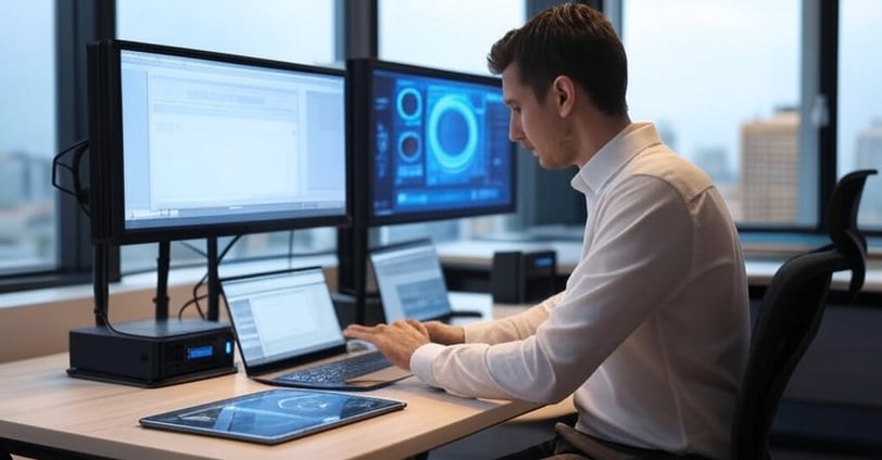 a man sitting at a desk with a laptop and a laptop