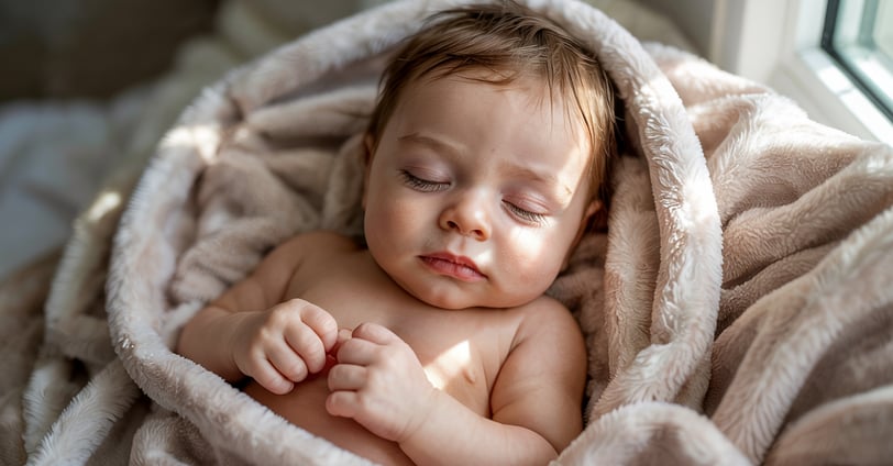a baby sleeping in a blanket on a bed