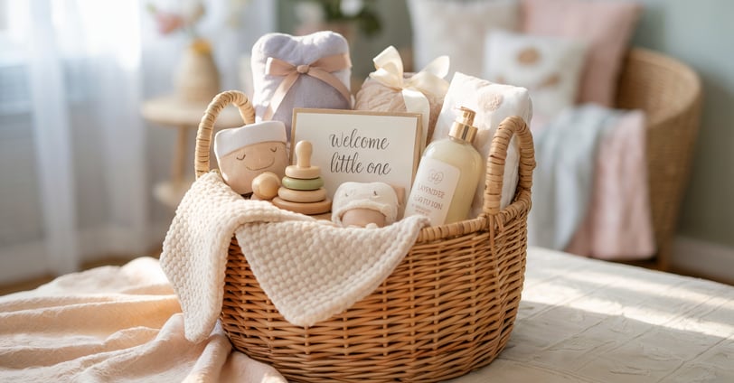 a basket with a baby shower and a welcome sign