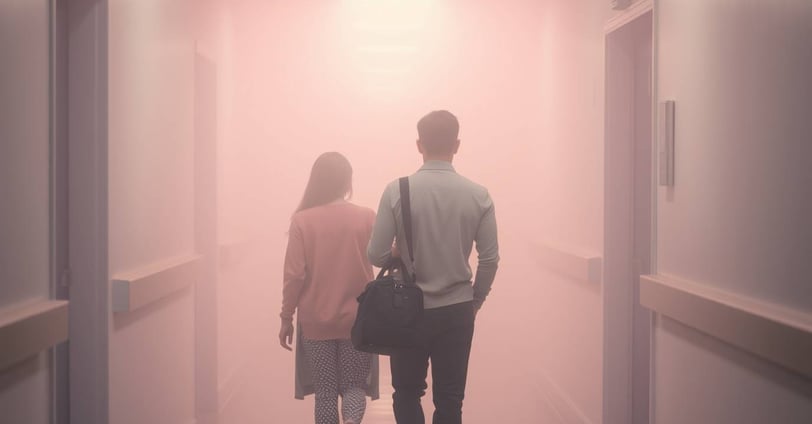 a man and woman walking down a hallway