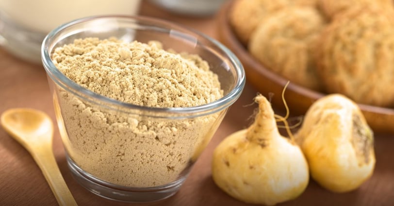 a bowl of maca powder and maca root